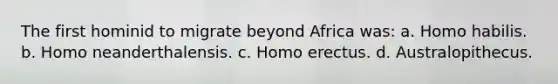 The first hominid to migrate beyond Africa was: a. Homo habilis. b. Homo neanderthalensis. c. Homo erectus. d. Australopithecus.