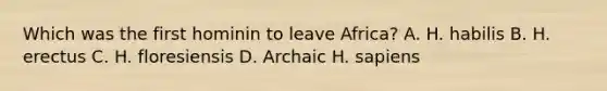 Which was the first hominin to leave Africa? A. H. habilis B. H. erectus C. H. floresiensis D. Archaic H. sapiens