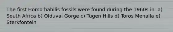 The first <a href='https://www.questionai.com/knowledge/kG3hgw3hYa-homo-habilis' class='anchor-knowledge'>homo habilis</a> fossils were found during the 1960s in: a) South Africa b) Olduvai Gorge c) Tugen Hills d) Toros Menalla e) Sterkfontein