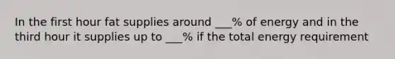In the first hour fat supplies around ___% of energy and in the third hour it supplies up to ___% if the total energy requirement