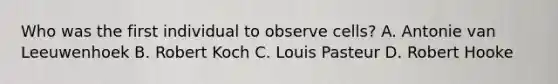 Who was the first individual to observe cells? A. Antonie van Leeuwenhoek B. Robert Koch C. Louis Pasteur D. Robert Hooke