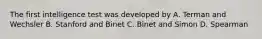 The first intelligence test was developed by A. Terman and Wechsler B. Stanford and Binet C. Binet and Simon D. Spearman