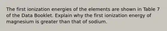 The first ionization energies of the elements are shown in Table 7 of the Data Booklet. Explain why the first ionization energy of magnesium is greater than that of sodium.