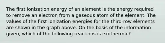 The first ionization energy of an element is the energy required to remove an electron from a gaseous atom of the element. The values of the first ionization energies for the third-row elements are shown in the graph above. On the basis of the information given, which of the following reactions is exothermic?