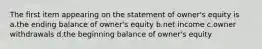 The first item appearing on the statement of owner's equity is a.the ending balance of owner's equity b.net income c.owner withdrawals d.the beginning balance of owner's equity