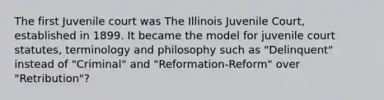 The first Juvenile court was The Illinois Juvenile Court, established in 1899. It became the model for juvenile court statutes, terminology and philosophy such as "Delinquent" instead of "Criminal" and "Reformation-Reform" over "Retribution"?