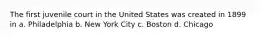 The first juvenile court in the United States was created in 1899 in a. Philadelphia b. New York City c. Boston d. Chicago