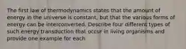 The first law of thermodynamics states that the amount of energy in the universe is constant, but that the various forms of energy can be interconverted. Describe four different types of such energy transduction that occur in living organisms and provide one example for each