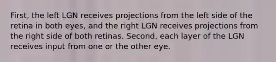 First, the left LGN receives projections from the left side of the retina in both eyes, and the right LGN receives projections from the right side of both retinas. Second, each layer of the LGN receives input from one or the other eye.