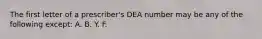 The first letter of a prescriber's DEA number may be any of the following except: A. B. Y. F.