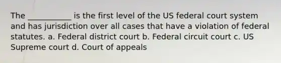 The ___________ is the first level of the US federal court system and has jurisdiction over all cases that have a violation of federal statutes. a. Federal district court b. Federal circuit court c. US Supreme court d. Court of appeals