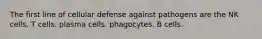 The first line of cellular defense against pathogens are the NK cells. T cells. plasma cells. phagocytes. B cells.