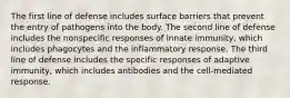 The first line of defense includes surface barriers that prevent the entry of pathogens into the body. The second line of defense includes the nonspecific responses of innate immunity, which includes phagocytes and the inflammatory response. The third line of defense includes the specific responses of adaptive immunity, which includes antibodies and the cell-mediated response.