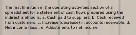 The first line item in the operating activities section of a spreadsheet for a statement of cash flows prepared using the indirect method is: a. Cash paid to suppliers. b. Cash received from customers. c. Increase (decrease) in accounts receivable. d. Net income (loss). e. Adjustments to net income