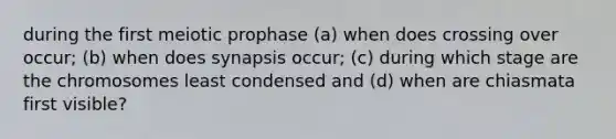 during the first meiotic prophase (a) when does crossing over occur; (b) when does synapsis occur; (c) during which stage are the chromosomes least condensed and (d) when are chiasmata first visible?