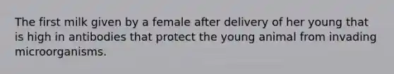 The first milk given by a female after delivery of her young that is high in antibodies that protect the young animal from invading microorganisms.