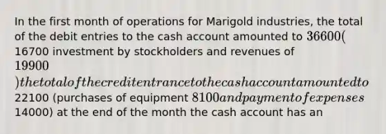 In the first month of operations for Marigold industries, the total of the debit entries to the cash account amounted to 36600 (16700 investment by stockholders and revenues of 19900) the total of the credit entrance to the cash account amounted to22100 (purchases of equipment 8100 and payment of expenses14000) at the end of the month the cash account has an