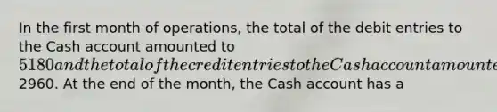 In the first month of operations, the total of the debit entries to the Cash account amounted to 5180 and the total of the credit entries to the Cash account amounted to2960. At the end of the month, the Cash account has a