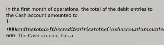 In the first month of operations, the total of the debit entries to the Cash account amounted to 1,000 and the total of the credit entries to the Cash account amounted to600. The Cash account has a