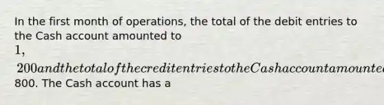 In the first month of operations, the total of the debit entries to the Cash account amounted to 1,200 and the total of the credit entries to the Cash account amounted to800. The Cash account has a