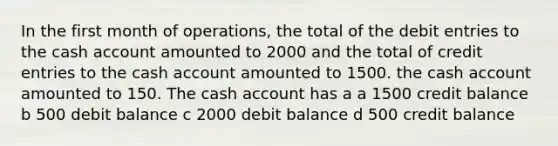 In the first month of operations, the total of the debit entries to the cash account amounted to 2000 and the total of credit entries to the cash account amounted to 1500. the cash account amounted to 150. The cash account has a a 1500 credit balance b 500 debit balance c 2000 debit balance d 500 credit balance