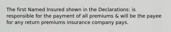 The first Named Insured shown in the Declarations: is responsible for the payment of all premiums & will be the payee for any return premiums insurance company pays.