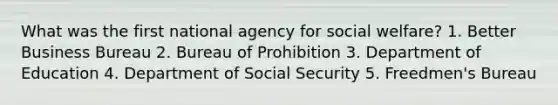 What was the first national agency for social welfare? 1. Better Business Bureau 2. Bureau of Prohibition 3. Department of Education 4. Department of Social Security 5. Freedmen's Bureau