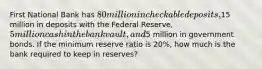 First National Bank has 80 million in checkable deposits,15 million in deposits with the Federal Reserve, 5 million cash in the bank vault, and5 million in government bonds. If the minimum reserve ratio is 20%, how much is the bank required to keep in reserves?