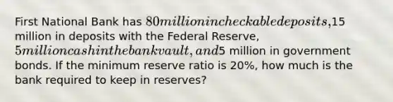 First National Bank has 80 million in checkable deposits,15 million in deposits with the Federal Reserve, 5 million cash in the bank vault, and5 million in government bonds. If the minimum reserve ratio is 20%, how much is the bank required to keep in reserves?