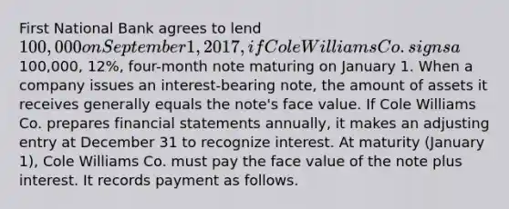 First National Bank agrees to lend 100,000 on September 1, 2017, if Cole Williams Co. signs a100,000, 12%, four-month note maturing on January 1. When a company issues an interest-bearing note, the amount of assets it receives generally equals the note's face value. If Cole Williams Co. prepares <a href='https://www.questionai.com/knowledge/kFBJaQCz4b-financial-statements' class='anchor-knowledge'>financial statements</a> annually, it makes an adjusting entry at December 31 to recognize interest. At maturity (January 1), Cole Williams Co. must pay the face value of the note plus interest. It records payment as follows.