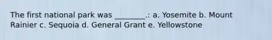 The first national park was ________.: a. Yosemite b. Mount Rainier c. Sequoia d. General Grant e. Yellowstone