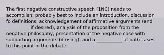 The first negative constructive speech (1NC) needs to accomplish: probably best to include an introduction, discussion fo definitions, acknowledgement of affirmative arguments (and __________ if desired), analysis of the proposition from the negative philosophy, presentation of the negative case with supporting arguments (if using), and a ___________ of both cases to this point in the debate.