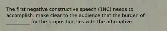 The first negative constructive speech (1NC) needs to accomplish: make clear to the audience that the burden of __________ for the proposition lies with the affirmative.