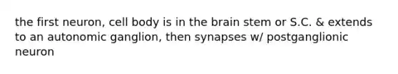 the first neuron, cell body is in the brain stem or S.C. & extends to an autonomic ganglion, then synapses w/ postganglionic neuron