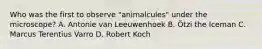 Who was the first to observe "animalcules" under the microscope? A. Antonie van Leeuwenhoek B. Ötzi the Iceman C. Marcus Terentius Varro D. Robert Koch