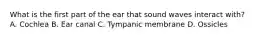 What is the first part of the ear that sound waves interact with? A. Cochlea B. Ear canal C. Tympanic membrane D. Ossicles