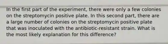 In the first part of the experiment, there were only a few colonies on the streptomycin positive plate. In this second part, there are a large number of colonies on the streptomycin positive plate that was inoculated with the antibiotic-resistant strain. What is the most likely explanation for this difference?