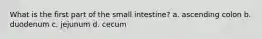 What is the first part of the small intestine? a. ascending colon b. duodenum c. jejunum d. cecum