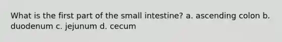 What is the first part of the small intestine? a. ascending colon b. duodenum c. jejunum d. cecum