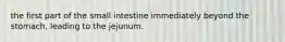 the first part of the small intestine immediately beyond the stomach, leading to the jejunum.