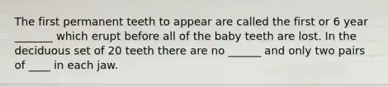 The first permanent teeth to appear are called the first or 6 year _______ which erupt before all of the baby teeth are lost. In the deciduous set of 20 teeth there are no ______ and only two pairs of ____ in each jaw.