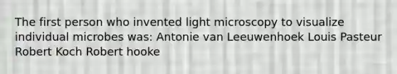 The first person who invented light microscopy to visualize individual microbes was: Antonie van Leeuwenhoek Louis Pasteur Robert Koch Robert hooke