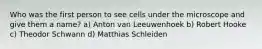 Who was the first person to see cells under the microscope and give them a name? a) Anton van Leeuwenhoek b) Robert Hooke c) Theodor Schwann d) Matthias Schleiden