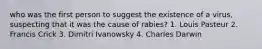 who was the first person to suggest the existence of a virus, suspecting that it was the cause of rabies? 1. Louis Pasteur 2. Francis Crick 3. Dimitri Ivanowsky 4. Charles Darwin