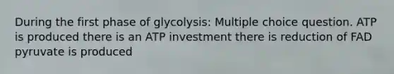 During the first phase of glycolysis: Multiple choice question. ATP is produced there is an ATP investment there is reduction of FAD pyruvate is produced