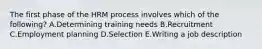 The first phase of the HRM process involves which of the​ following? A.Determining training needs B.Recruitment C.Employment planning D.Selection E.Writing a job description
