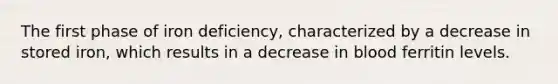 The first phase of iron deficiency, characterized by a decrease in stored iron, which results in a decrease in blood ferritin levels.