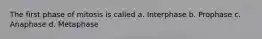 The first phase of mitosis is called a. Interphase b. Prophase c. Anaphase d. Metaphase