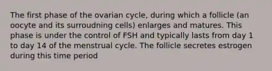 The first phase of the ovarian cycle, during which a follicle (an oocyte and its surroudning cells) enlarges and matures. This phase is under the control of FSH and typically lasts from day 1 to day 14 of the menstrual cycle. The follicle secretes estrogen during this time period