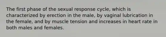 The first phase of the sexual response cycle, which is characterized by erection in the male, by vaginal lubrication in the female, and by muscle tension and increases in heart rate in both males and females.